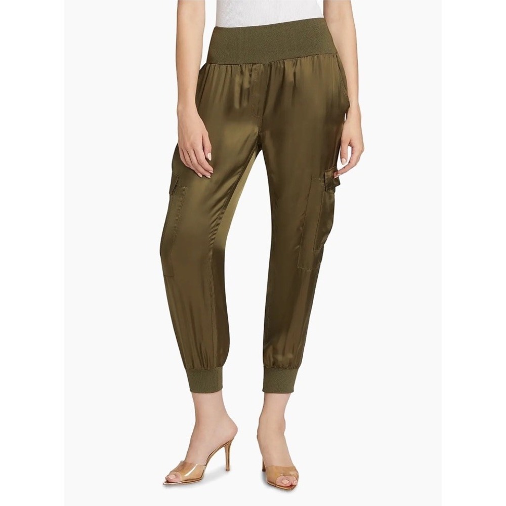 Cinq a Sept Giles Pant Satin Cupro Cargo Jogger Olive Minimalist Quiet Luxury -M